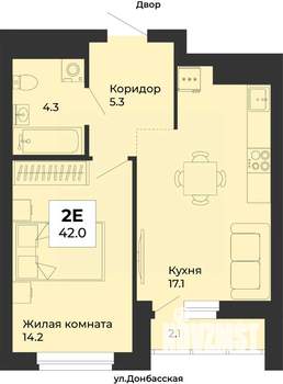 2-к квартира, строящийся дом, 42м2, 14/25 этаж