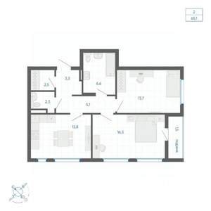 2-к квартира, строящийся дом, 65м2, 10/32 этаж