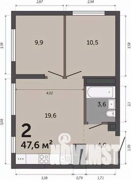 2-к квартира, строящийся дом, 48м2, 29/30 этаж
