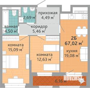 2-к квартира, вторичка, 67м2, 2/9 этаж