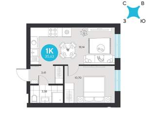 1-к квартира, строящийся дом, 36м2, 3/22 этаж