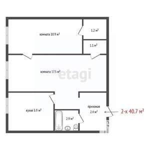 2-к квартира, вторичка, 41м2, 1/4 этаж