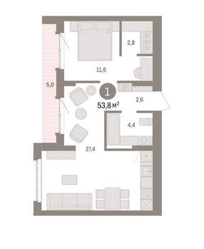 1-к квартира, вторичка, 54м2, 6/16 этаж