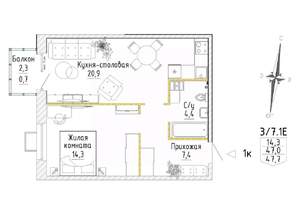 1-к квартира, строящийся дом, 48м2, 7/8 этаж