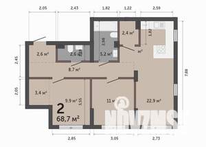 2-к квартира, строящийся дом, 69м2, 1/9 этаж