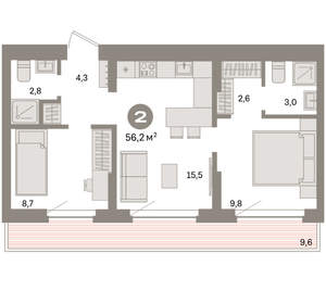 2-к квартира, вторичка, 56м2, 8/16 этаж