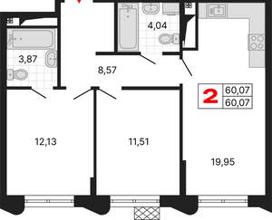 2-к квартира, вторичка, 60м2, 13/25 этаж