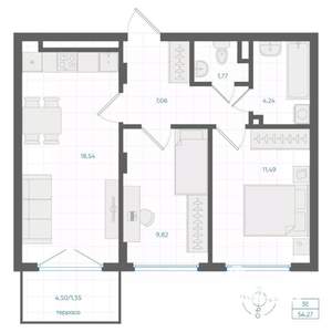 2-к квартира, строящийся дом, 54м2, 1/4 этаж