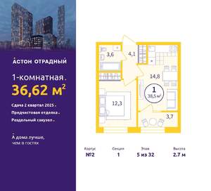 1-к квартира, сданный дом, 37м2, 5/32 этаж