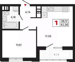 1-к квартира, вторичка, 42м2, 4/11 этаж