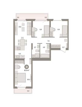 3-к квартира, вторичка, 87м2, 8/9 этаж