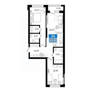 2-к квартира, строящийся дом, 71м2, 7/23 этаж