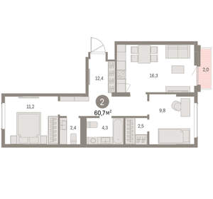 2-к квартира, вторичка, 61м2, 5/9 этаж