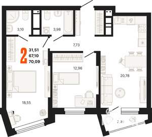 2-к квартира, строящийся дом, 70м2, 20/25 этаж