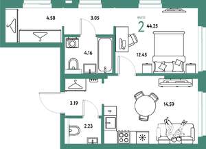 2-к квартира, строящийся дом, 44м2, 17/25 этаж