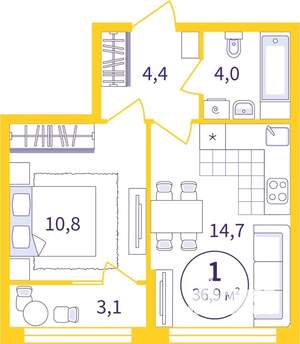 1-к квартира, вторичка, 35м2, 4/8 этаж