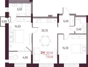 2-к квартира, вторичка, 67м2, 12/25 этаж