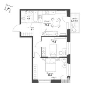 2-к квартира, строящийся дом, 57м2, 3/16 этаж