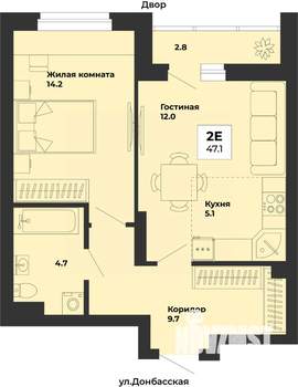 2-к квартира, строящийся дом, 47м2, 2/25 этаж