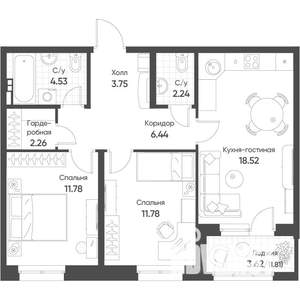 2-к квартира, вторичка, 63м2, 5/16 этаж