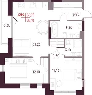 2-к квартира, вторичка, 63м2, 6/25 этаж