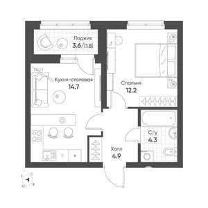 1-к квартира, строящийся дом, 38м2, 6/16 этаж