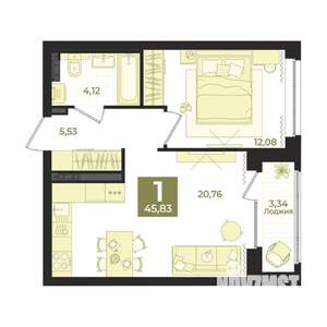 1-к квартира, вторичка, 46м2, 7/12 этаж