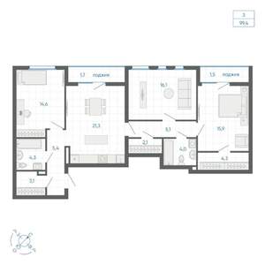 3-к квартира, строящийся дом, 99м2, 22/32 этаж