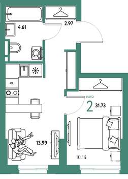 2-к квартира, вторичка, 32м2, 4/24 этаж