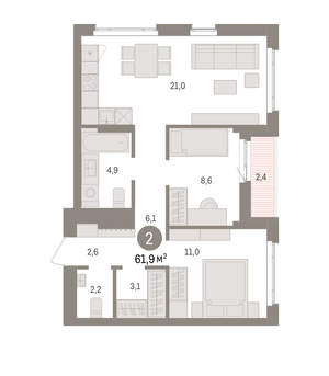 2-к квартира, вторичка, 62м2, 14/16 этаж