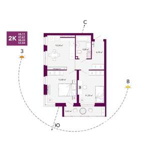 2-к квартира, строящийся дом, 50м2, 15/20 этаж