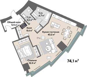 1-к квартира, строящийся дом, 74м2, 15/52 этаж