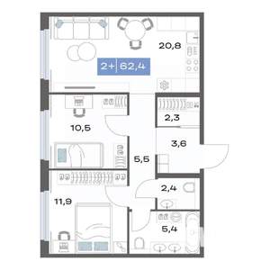 2-к квартира, строящийся дом, 62м2, 5/17 этаж