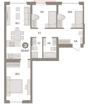 3-к квартира, вторичка, 81м2, 9/9 этаж