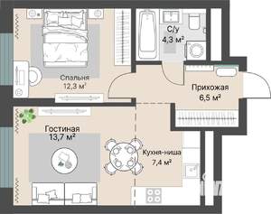 2-к квартира, строящийся дом, 44м2, 11/29 этаж
