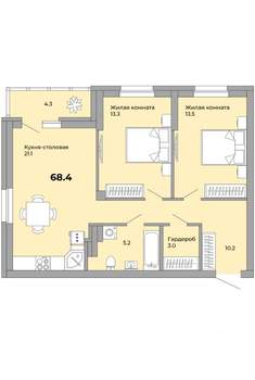 2-к квартира, сданный дом, 68м2, 12/21 этаж