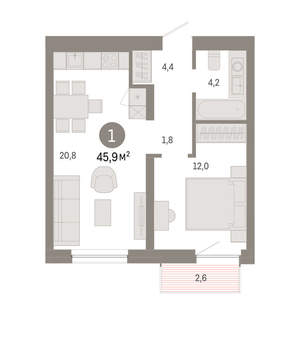 1-к квартира, вторичка, 46м2, 5/16 этаж