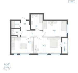 2-к квартира, вторичка, 65м2, 9/32 этаж