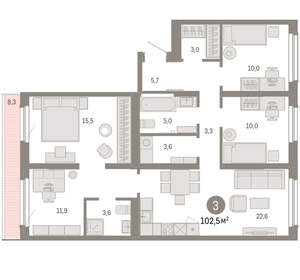 3-к квартира, вторичка, 102м2, 8/9 этаж
