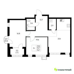 2-к квартира, вторичка, 77м2, 22/31 этаж