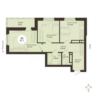2-к квартира, сданный дом, 62м2, 24/25 этаж