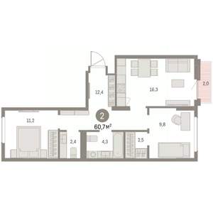 2-к квартира, вторичка, 61м2, 5/9 этаж