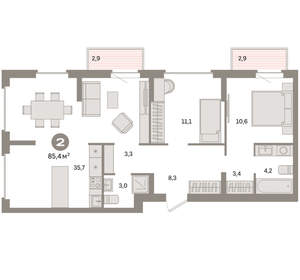 2-к квартира, вторичка, 85м2, 3/9 этаж