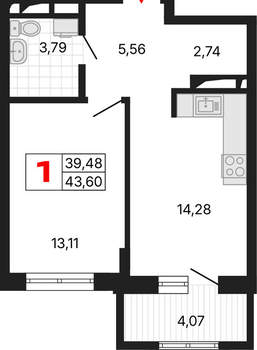 1-к квартира, вторичка, 44м2, 13/25 этаж