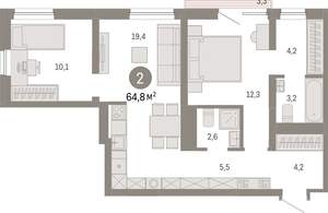 2-к квартира, вторичка, 65м2, 5/8 этаж
