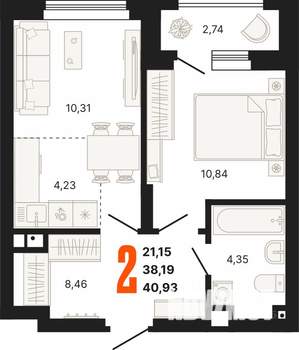 2-к квартира, строящийся дом, 41м2, 9/25 этаж