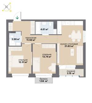 2-к квартира, строящийся дом, 70м2, 6/9 этаж