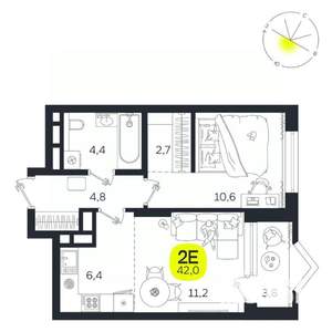 2-к квартира, вторичка, 42м2, 19/27 этаж