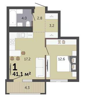 1-к квартира, строящийся дом, 41м2, 5/19 этаж