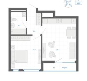 1-к квартира, вторичка, 43м2, 15/32 этаж